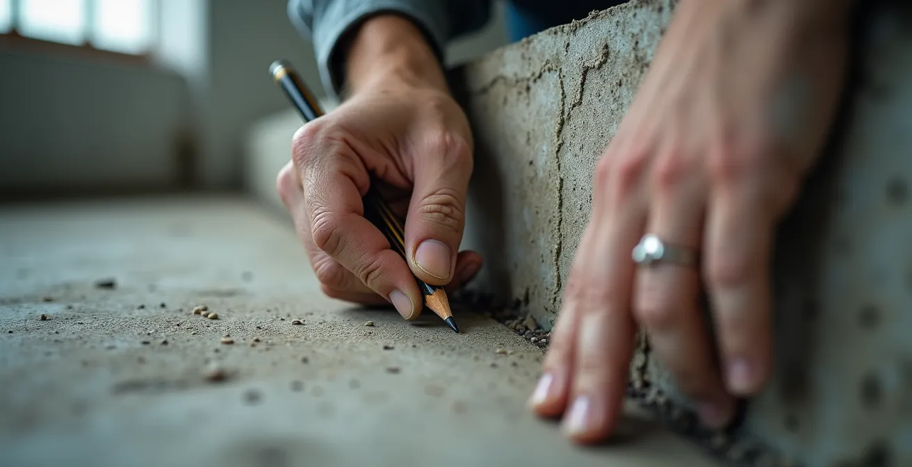 Gros plan détaillé des mains d'un expert inspectant la solidité d'un mur en béton pour évaluer la capacité de fixation d'un coffre-fort