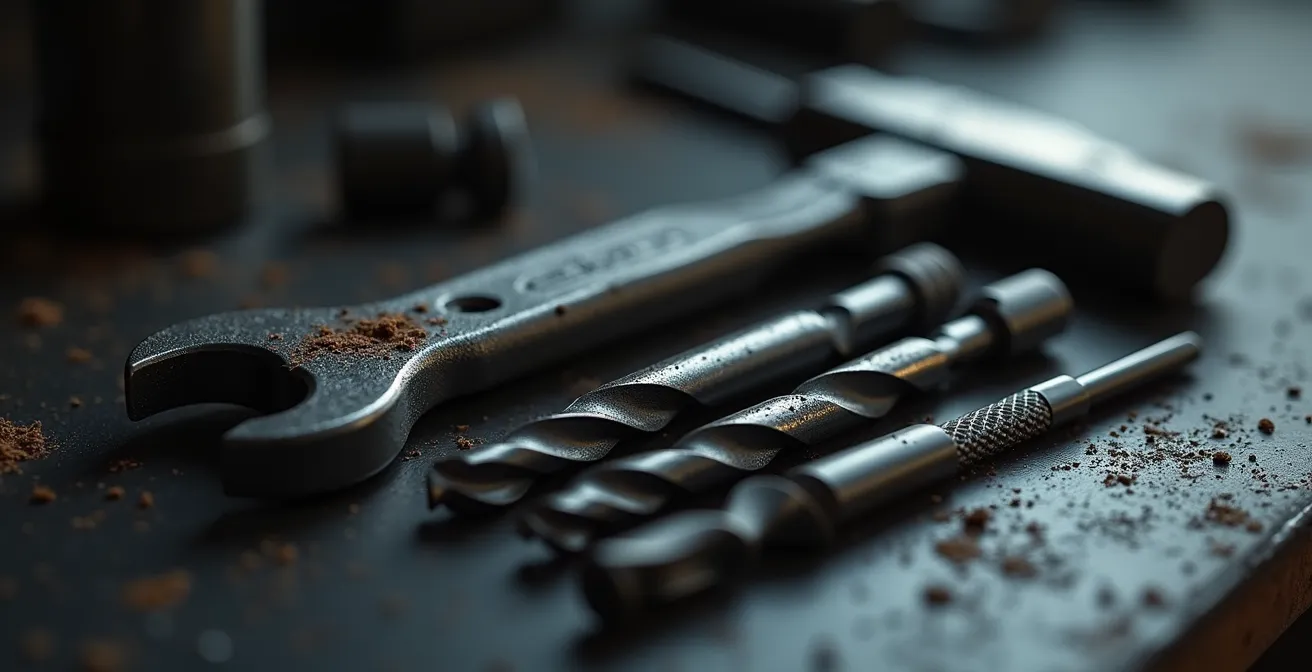 Gros plan détaillé des outils physiques d'effraction incluant pied de biche, forets et instruments d'accrochetage avec emphasis sur les textures