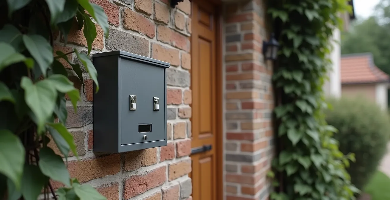 Vue extérieure de mur résidentiel montrant le placement stratégique d'une boîte à clés avec intégration environnementale et discrétion