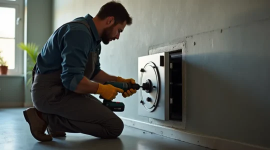 Professionnel serrurier en action installant un coffre-fort de sécurité dans une maison moderne avec outils spécialisés