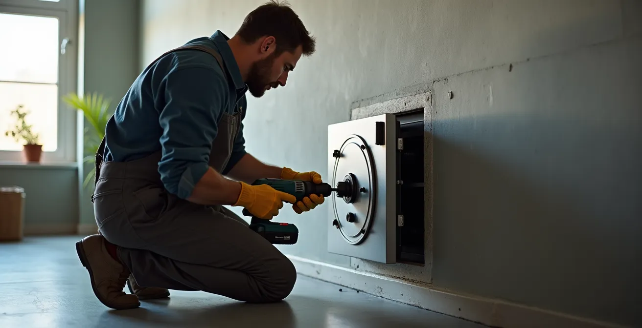 Professionnel serrurier en action installant un coffre-fort de sécurité dans une maison moderne avec outils spécialisés