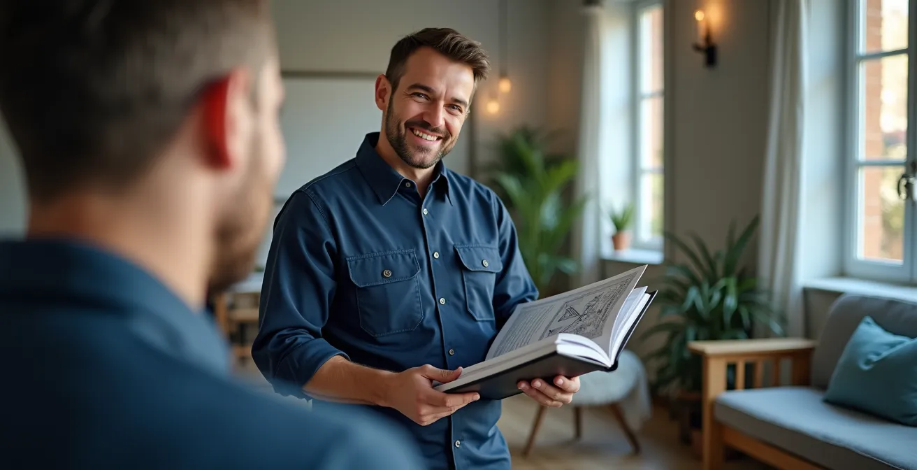 Serrurier professionnel en tenue de travail présentant des certifications et documents officiels à un client dans un intérieur résidentiel moderne