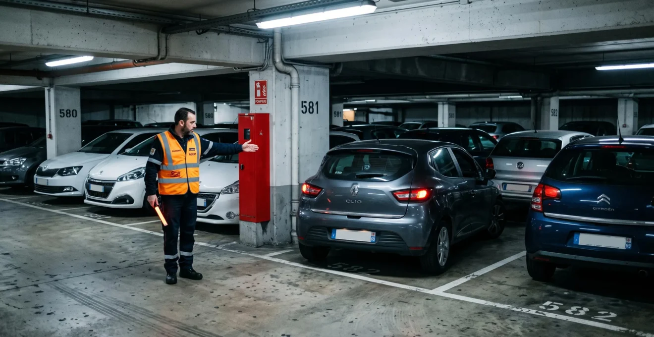 Un agent de parking guide un automobiliste afin de laisser libre l'accès à une bouche d'incendie.