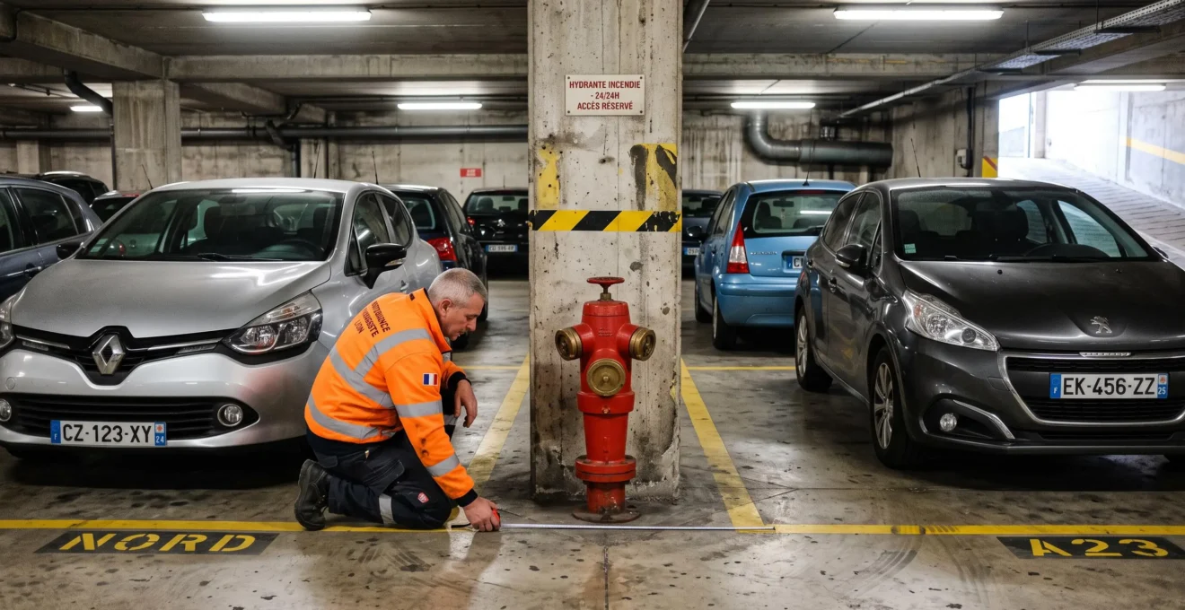 Un agent vérifie le dégagement autour d'une bouche d'incendie dans un parking souterrain encombré.