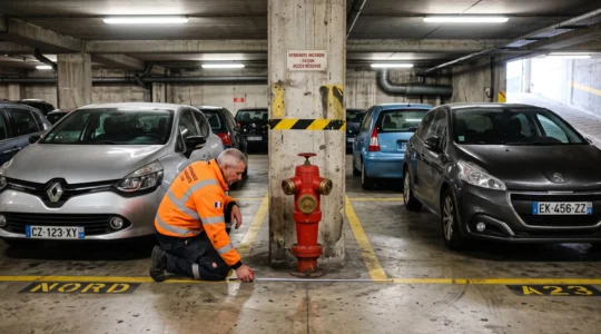 Un agent vérifie le dégagement autour d'une bouche d'incendie dans un parking souterrain encombré.