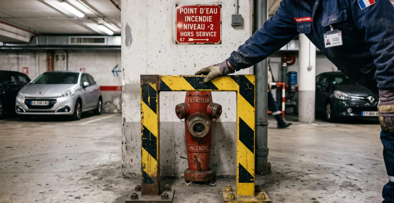 Une protection métallique barre l'accès devant une bouche d'incendie de parking.